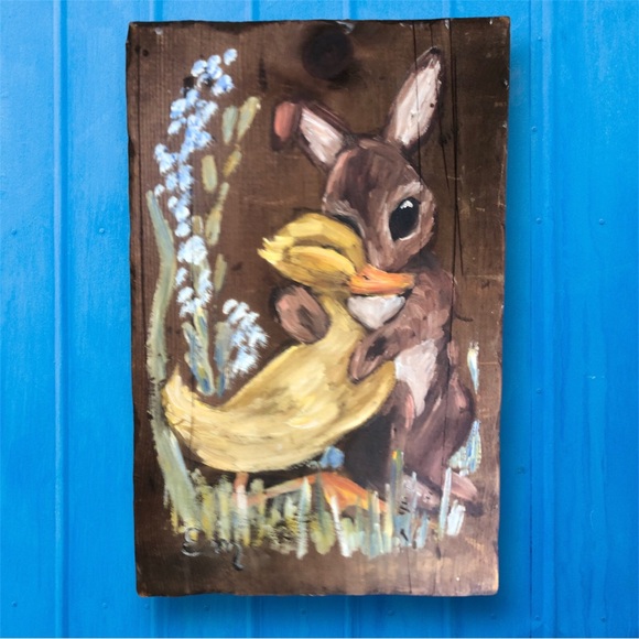 Vintage Hand Painted On Distressed Wood Bunny Hugging Chick Adorable! Rustic - Picture 1 of 3